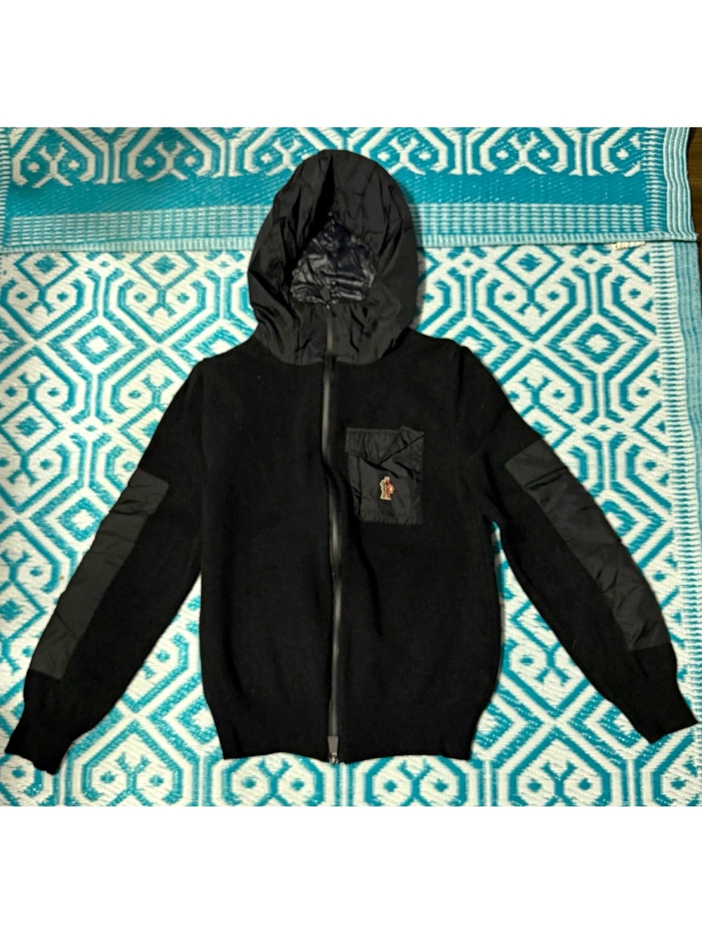 Moncler Grenoble Men's XXL Black Full Zip Hooded Knit Hoodie Logo